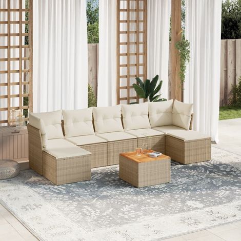 Ensemble de Jardin 8 Places en Résine Tressée Beige avec Coussins - Salon d'Extérieur Modulaire avec Table Acacia et Poufs (1/3)