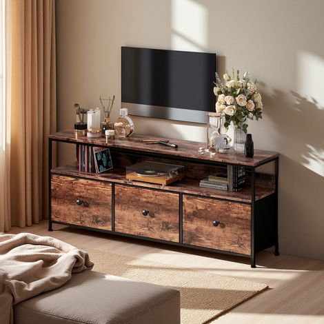 Meuble TV 108 cm avec LED – 3 tiroirs et étagères ouvertes, style campagnard pour salon et chambre