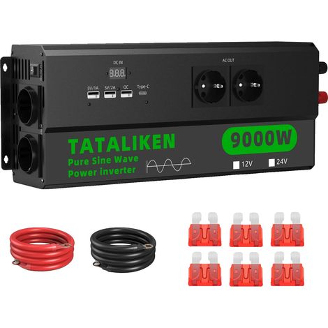 Inverter a onda sinusoidale pura, uscita 220 V CA, raffreddamento a temperatura controllata, 12 V 9000 W 220 V UE - nero (1/2)