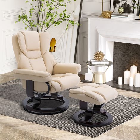 Sillón reclinable con reposapiés, función reclinable, giratorio, soporta hasta 160 kg, piel sintética, estructura metálica, color crema, 80 x 79 x 100 cm