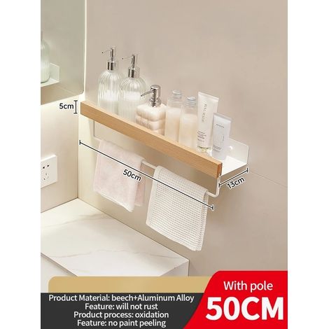 Étagère d'angle en bois et aluminium (poteau blanc de 50 cm) pour salle de bain, rangement pour shampoing, étagère murale de douche. (1/5)