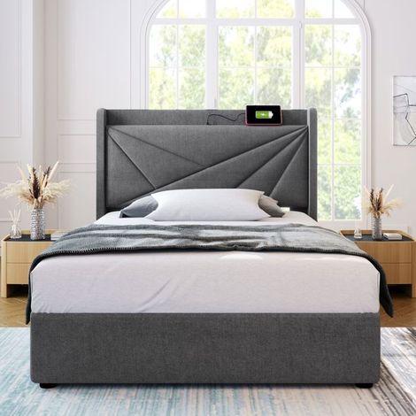 lit coffre 90x200, Interface USB-C ,lit une personne,Levage hydraulique ,Cadre lit lin,Sommier lattes,Matelas inclus (1/5)