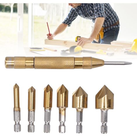 7-teiliges Set bestehend aus einem fünfschneidigen 90°-Sechskant-Fasenwerkzeug (6-19 mm), einem Fasenfräser, einem Senker und einer Reibahle für die Holzbearbeitung. (1/5)