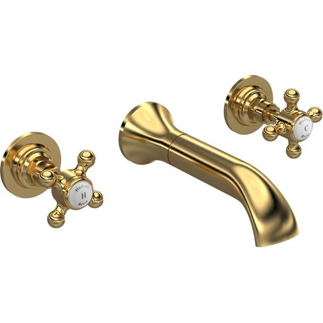 Hudson Reed Topaz 3-Hole Basin Mixer Tap Wall Mounted - Brushed Brass (1/2)