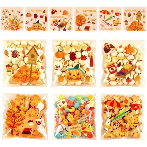 200 Sachets Biscuits Thanksgiving – Cellophane, Adhésif, 10x10+3cm (1/4)