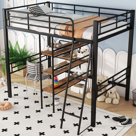 Hochbett 90x200 cm Schwarz aus Metall mit Schreibtisch, Regalen, Leiter und Geländer (1/5)