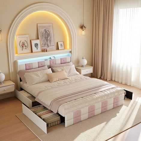 Cama 160x200cm - Terciopelo blanco rosa - 4 cajones - Iluminación RGB - Estación de carga USB-C