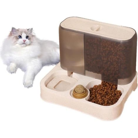 Distributeur Croquettes Chat Automatique,Distributeur Automatique 2,8L et Distributeur d'eau pour Chat 1L 2 en 1,Séparation Sèche (1/4)