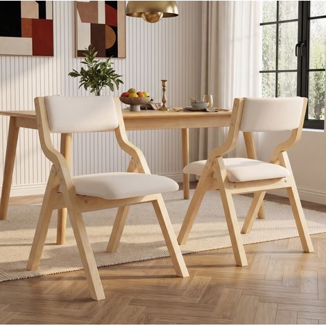 Set di 2 sedie da pranzo pieghevoli in legno massiccio, in lino, beige (1/5)