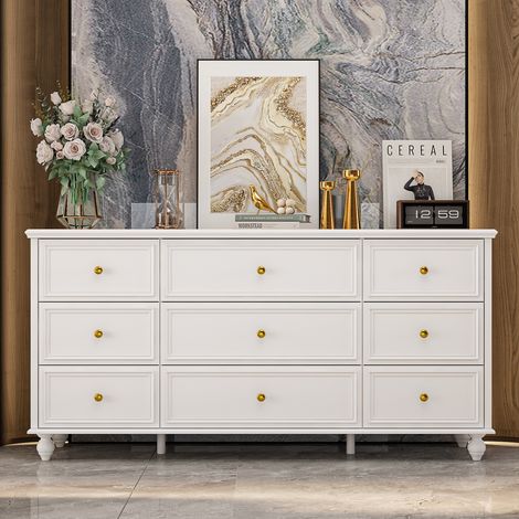 Commode à 9 tiroirs avec poignées métalliques dorées, blanc (1/5)