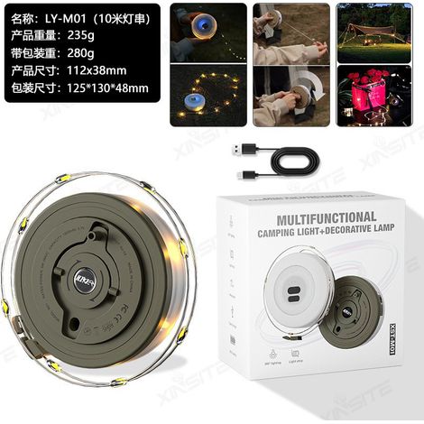 Guirlande lumineuse de camping 4 en 1, lanterne de tente rechargeable solaire et USB avec mode lampe torche, étanche IP67, lampe de camping portable à LED à intensité variable pour la randonnée et le (1/5)