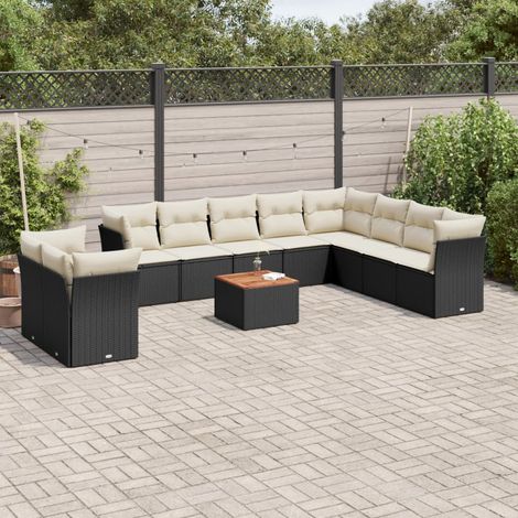 Ensemble Jardin 11 Pièces Résine Tressée Noir avec Coussins Crème - Salon d'Extérieur Modulaire Table Acacia 55x55cm (1/3)