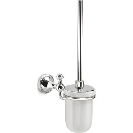 PORTA SCOPINO WC DA PARETE IN ACCIAIO INOX E CERAMICA MODELLO NEVIS - DIM. CM  (LXPXH): 15,5X11,9X40,2 - CROMATO  - GDY
