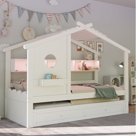 lit enfant lit gigogne rangement 90x200 bois blanc OKMYHOME