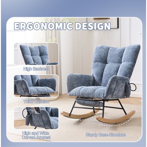 Poltrona a dondolo 63x92x89 cm in tessuto chenille blu con tasca portaoggetti, per soggiorno (1/5)