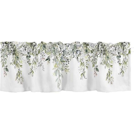 Cantonnière vert sauge pour fenêtres, motif aquarelle de feuilles d'eucalyptus, à œillets pour tringle. (1/5)