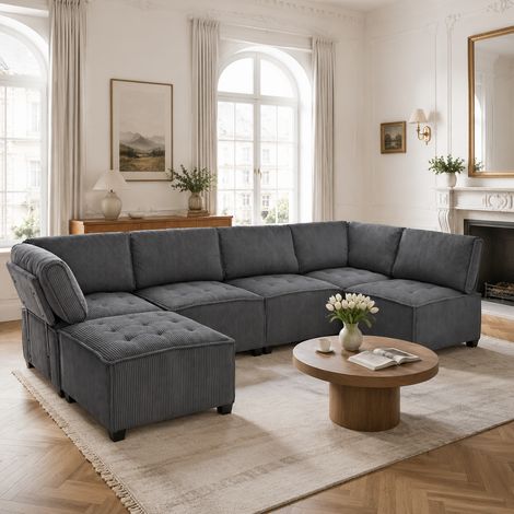 Sofá modular de 6 plazas de pana gris 308 x 154 x 82 cm (1/5)