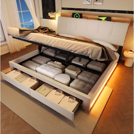 Lit capitonné moderne en lin beige 180x200 cm avec tête de lit rangement, LED, USB/Type-C et coffre hydraulique