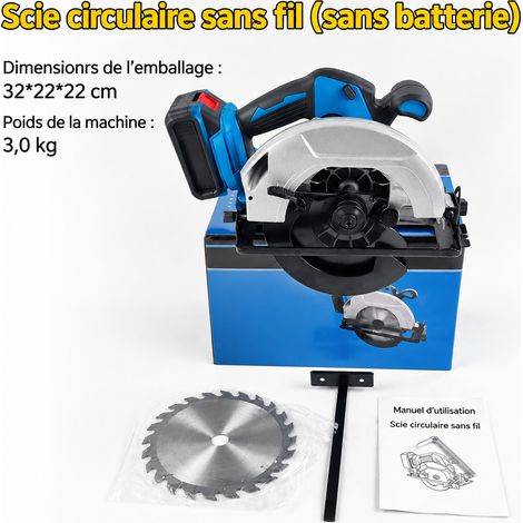 Scie circulaire 1000 W 185 mm 3900 tr/min 60 40 20 0 Modèle sans fil lithium bleu Lame de scie à bois Machine nue sans batterie ni chargeur 28,5 × 22,5 × 23 cm 4 kg – Livraison gratuite