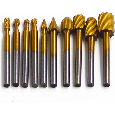 Ensemble de 10 limes rotatives en acier rapide plaqué titane - meuleuse électrique, couteau à sculpter le bois, fraise à meuler, outils de sculpture et de meulage pour le travail du bois et du métal (1/3)