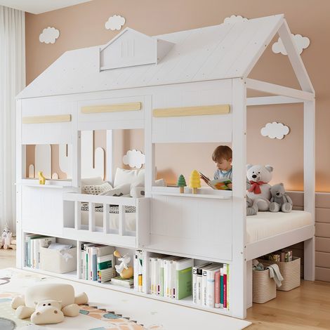 Kinder-Hochbett 90x200 cm Weiß – Hausbett mit Bücherregal (1/5)