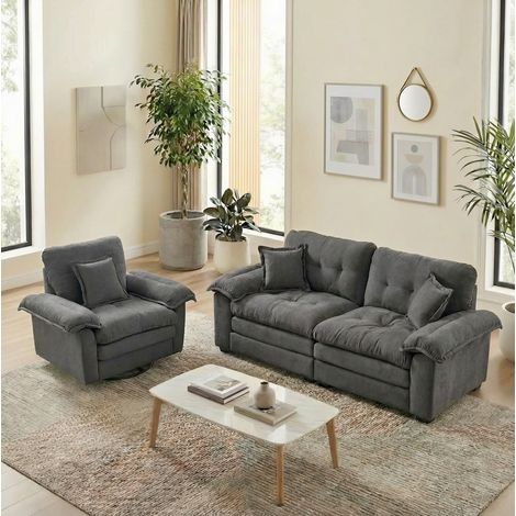 Sofá tapizado en chenilla gris, sillón + sofá 2 plazas, asiento profundo con cojines (1/5)