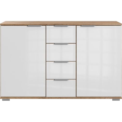 Schlafzimmer Sideboard in Plankeneiche Nb. mit weißem Glas ELSTRA-43, B/H/T ca. 130/83/41 cm