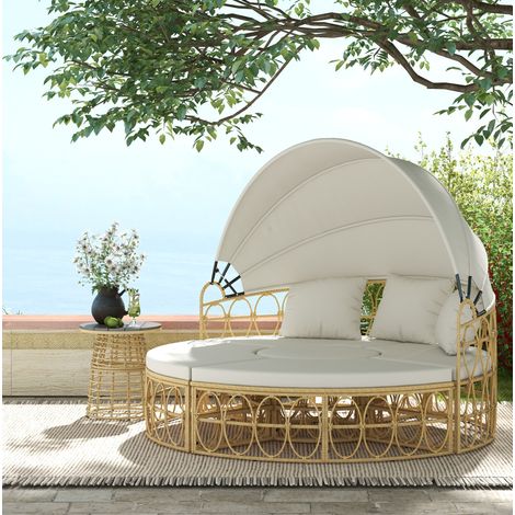 Salotto da giardino 4 pezzi in resina intrecciata con tetto retrattile beige DESVIAE (1/5)