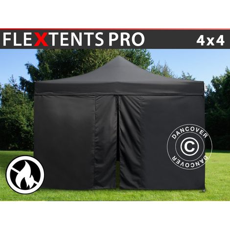 Gazebo pieghevole FleXtents PRO 4x4m Nero, Ignifugo, incl. 4 fianchi