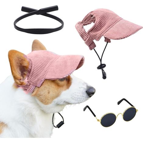 1 Ensemble Casquette et Lunettes pour Chien, Velours Côtelé Rose, Sangle Silicone Réglable, Protection Solaire, Petit et Moyen Chien