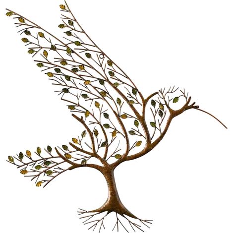 Decoración de pared de metal con colibrí y rama – Escultura de metal hecha a mano para sala de estar y jardín – Juego de 3 piezas (40 cm) en negro y verde (1/5)