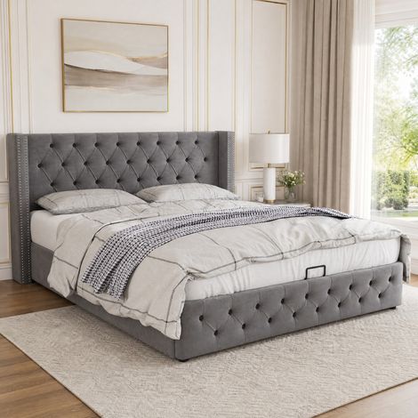 Cama matrimonio con almacenaje de terciopelo gris 180x200 DESVIAE (1/5)