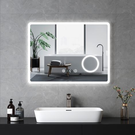 EMKE Miroir lumineux de salle de bainavec Interrupteur Tactile, Fonction Anti-buée, Horloge, 3x Loupe 80x60cm Trois couleurs claires (1/5)