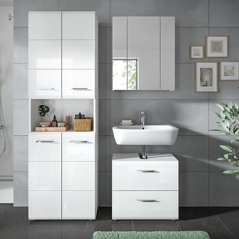 Badmöbel-Set 3-teilig in weiß mit weiß Hochglanz, inkl. Spiegelschrank - IGGESUND-158 (1/5)
