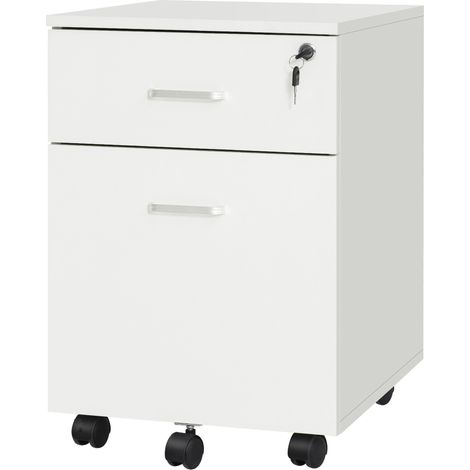 Büroschrank mit 2 abschließbaren Schubladen, 5 Rollen, weiße Spanplatte, 40 x 49 x 58 cm