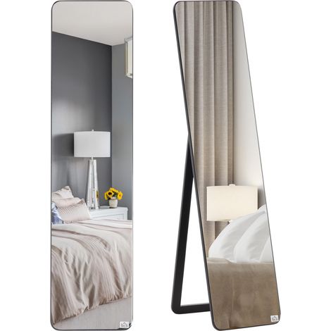 Miroir sur pied et mural avec cadre en bois et support pliable, 37 x 43 x 156 cm, noir (1/5)
