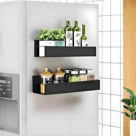 Étagère Magnétique Frigo, Lot de 2 Etagere Aimantée Frigo avec 4 Crochets, Porte Épices Magnetique Support Range Épices Aimanté Métal pour Rangement et Organisation de la Cuisine, Noir (1/5)