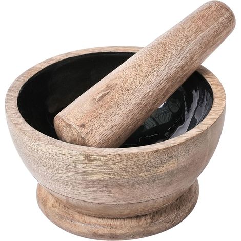 Set di mortaio e pestello in legno di mango fatto a mano marrone e nero Qena (1/5)
