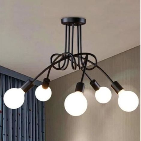 Lustre en fer forgé 5 têtes - Fusion - Plafonnier Industriel en Fer Noir - Diamètre 70CM - Hauteur 40CM (1/3)