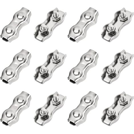 Fascette stringicavo in acciaio inox M3 – Confezione da 12 clip a doppio fissaggio per fune metallica da 3 mm, stendibiancheria, cavo o tosaerba