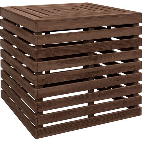 2-in-1 Aufbewahrungsbox für den Außenbereich: Sonnenschirmständer und Terrassentisch mit Loch für einen Holzschirm.