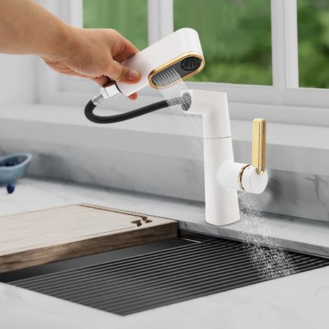 Wasserhahn bad mit Ausziehbarer Brause, Waschtischarmatur mit 3 Strahlarten, 360° Drehbar Einhebelmischer Badarmatur, Badarmatur aus Messing, Wassersparend Waschtischarmatur, Höhenverstellbar