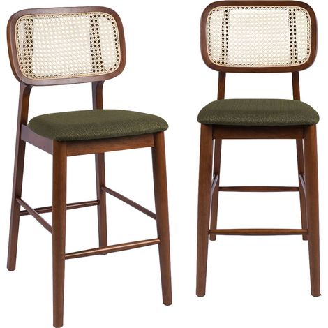 sweeek - 2er-Set Vintage Barhocker aus Heveaholz mit Rattan-Geflecht und Stoffbezug Nussbaumfarben / Khaki (1/5)
