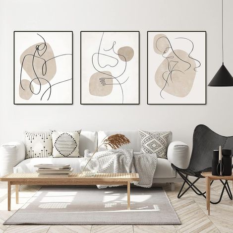 Impression sur toile abstraite - Ligne d\'art - Beige - Ensemble de tableaux muraux modernes pour salon et chambre à coucher - Sans cadre - Noir et blanc - D, 30 x 40 cm