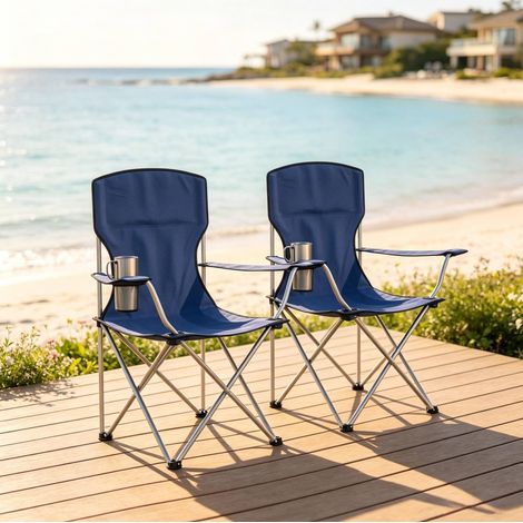 Lot de 2 chaises de camping pliantes en tissu avec porte-gobelet, dossier haut, cadre en métal et sac de transport, assise 55 cm, charge 120 kg, pour extérieur – CHICFURN (1/5)