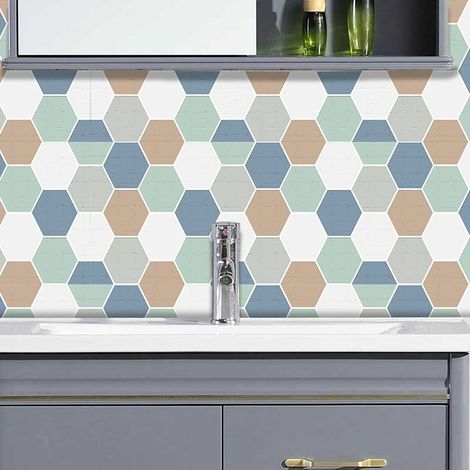 6pcs Blue and Green Hexagon Tiles (20 x 20cm) - Stickers for Kitchen, Living Room, Bathroom and Home Decor PVC (1/5)