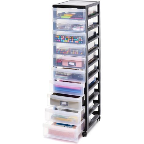 Tour de rangement à Roulettes en Plastique, 10 Petits Tiroirs, Noir, Ouverture Facile, Meuble de Rangement, Papeterie, pour Chambre, Salle de Bain, École (1/5)