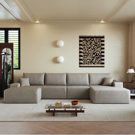 Canapé d'angle modulable 340 cm en velours côtelé, assise profonde, 1 pouf, sans montage, sans structure, camel, méridienne gauche (1/5)