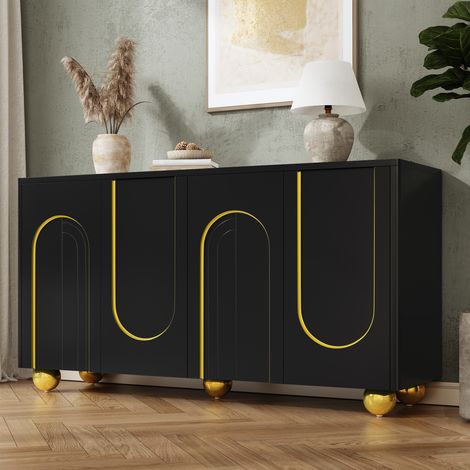 Meuble de salon, buffet 4 portes, armoire de rangement pour salle à manger avec décor doré en lignes courbes, pieds en métal sphériques pour entrée et séjour (1/5)