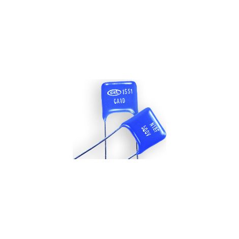 Condensateur mica, 470pF, 500V c.c., 15 x 6.5 x 13mm, pas de 10.2mm, +100 °C -55 °C. ( Prix pour 1 )